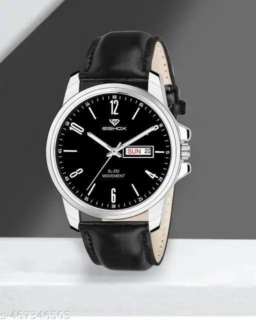 Day n Date Series Men's Black Leather Analog Watch