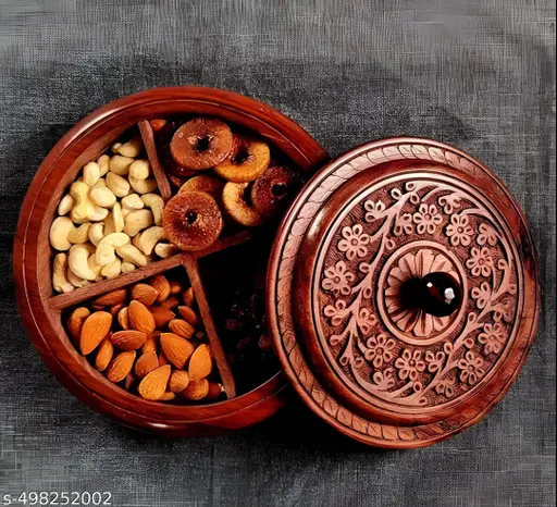 🌰 Handcrafted Wooden Dry Fruit & Spices Box – 4 Section Multipurpose