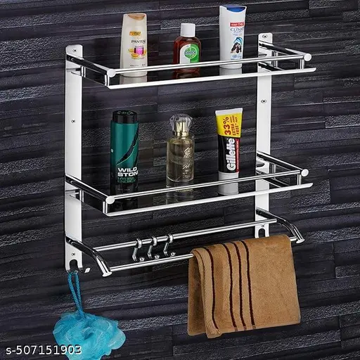 Stainless Steel Double Layer Chrome Finish Wall-Mount Rack Shelf(Silver, Set of 1)