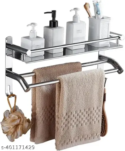 Stainless Steel Bathroom Shelf with Towel Bar & Hooks  Pack of 1