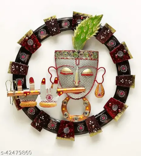 Metal Handpainted Decorative White Krishna Wall Hanging Showpiece – 18x18 Inches, Traditional Indian Décor for Home, Office, and Temple