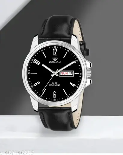 Day n Date Series Men's Black Leather Analog Watch