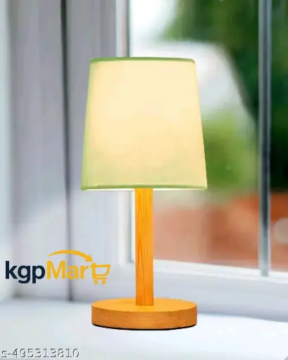 Pinewood Table Lamp with Green Fabric Linen Shade