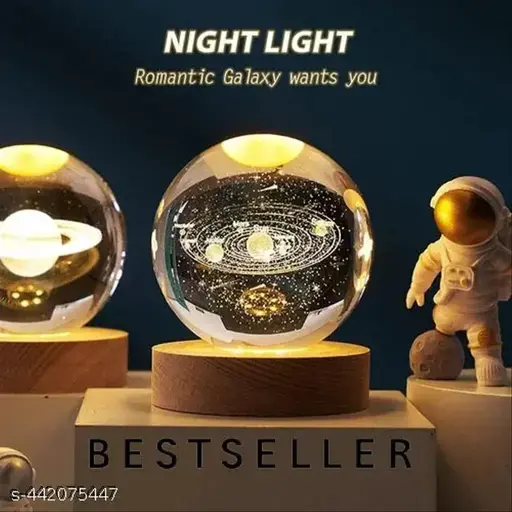 3D Galaxy Crystal Ball Night Lamp with Wooden LED Base – Solar System Design