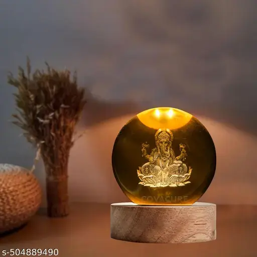 3D Ganesh Crystal Ball Night Lamp with Wooden LED Base