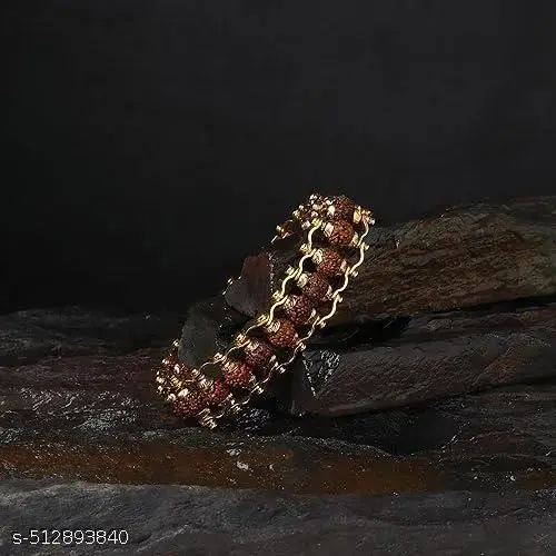Gold-Plated Rudraksha Bracelet with Golden Beads – 5 Mukhi Handcrafted