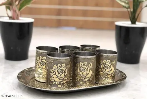 Golden Oxidized Glass and Tray Set